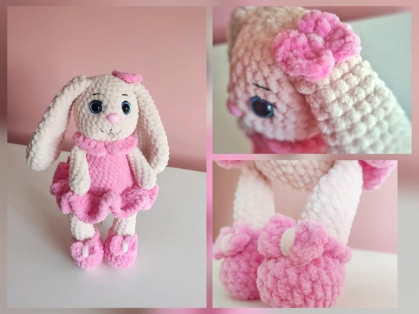 Rankų darbo nerta zuikutė su suknele (23cm)